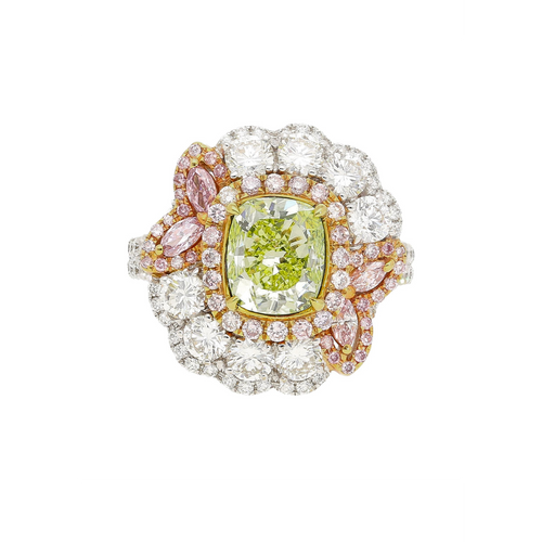 GIA Certified 2.02 Carat Cushion Cut Fancy Greenish Yellow Diamond Ring