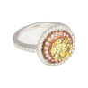 GIA Certified 2.30 Carat Fancy Brownish Greenish Yellow Diamond Round Double Halo Ring