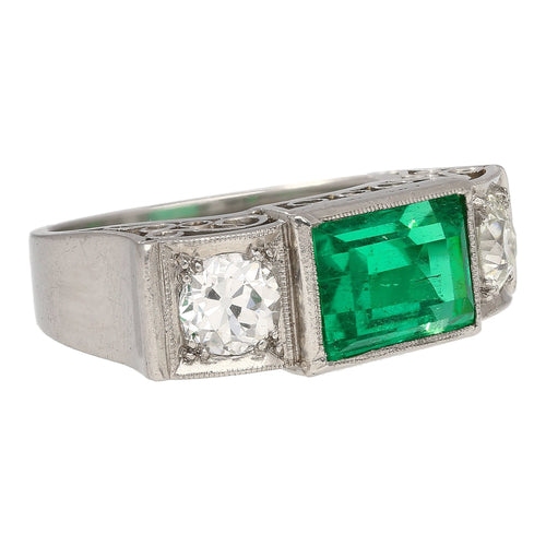 GIA Certified 3.10 Carat No Oil Muzo Colombian Emerald & Old Cut Diamond Ring