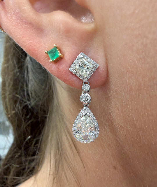 GIA Certified 3.93 Carat Pear Cut &Diamond Halo Drop Earrings in 18K White Gold