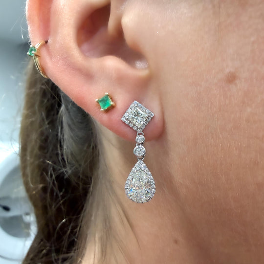GIA Certified 3.93 Carat Pear Cut &Diamond Halo Drop Earrings in 18K White Gold