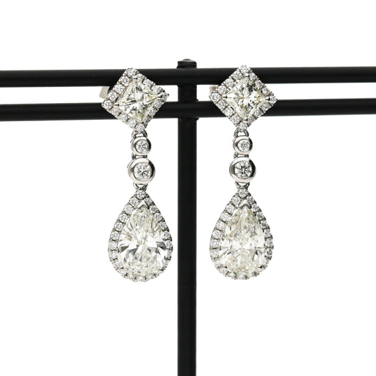GIA Certified 3.93 Carat Pear Cut &Diamond Halo Drop Earrings in 18K White Gold