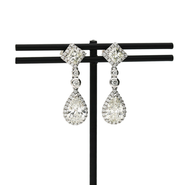 GIA Certified 3.93 Carat Pear Cut &Diamond Halo Drop Earrings in 18K White Gold