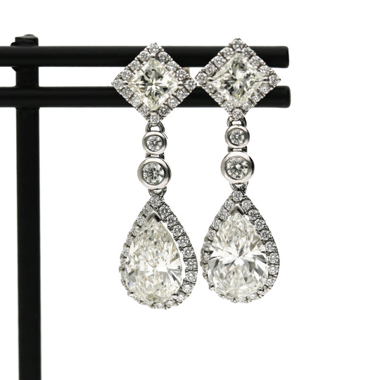 GIA Certified 3.93 Carat Pear Cut &Diamond Halo Drop Earrings in 18K White Gold
