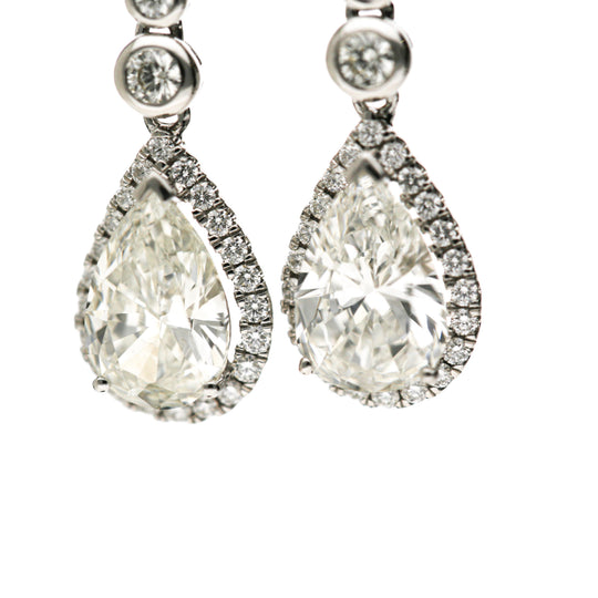 GIA Certified 3.93 Carat Pear Cut &Diamond Halo Drop Earrings in 18K White Gold