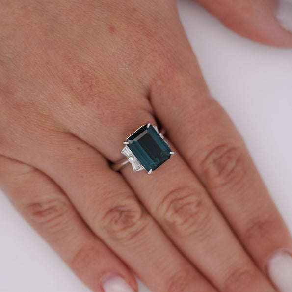GIA Certified 4.58 Carat Emerald Cut Indicolite Tourmaline Diamond Platinum Ring