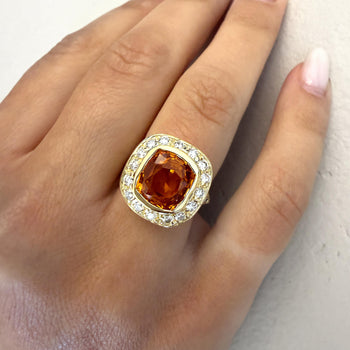 GIA Certified 6 Carat Cushion Cut Orange Sapphire Diamond Halo 18K Gold Ring – Assay Jewelers