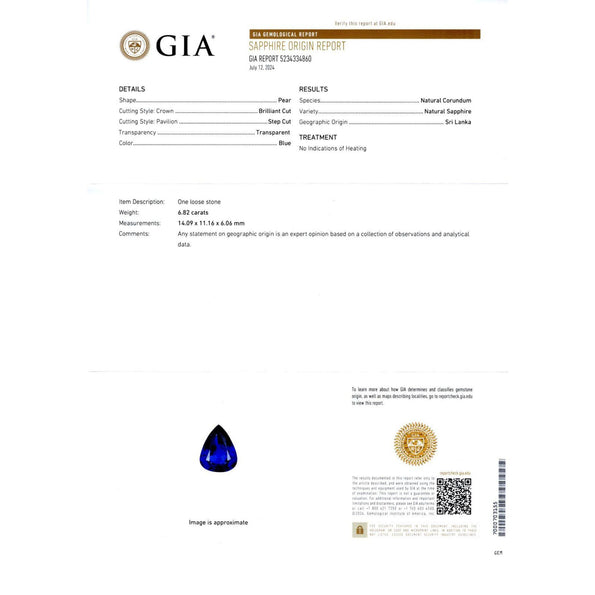 GIA Certified 6.82 Carat Pear Cut No Heat Blue Sapphire Drop Pendant Necklace