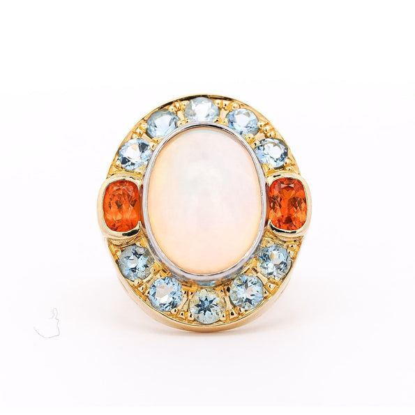 GIA Certified 8 Carat White Opal With Orange Garnet & Aquamarine Halo Ring