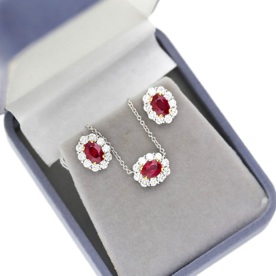 GIA Certified Burma Ruby Diamond Halo 18K Two Tone Gold Necklace & Earring Set