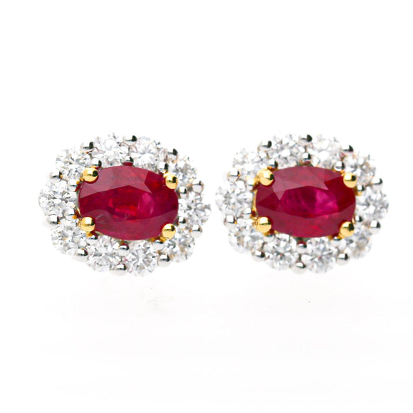 GIA Certified Burma Ruby Diamond Halo 18K Two Tone Gold Necklace & Earring Set