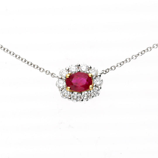 GIA Certified Burma Ruby Diamond Halo 18K Two Tone Gold Necklace & Earring Set