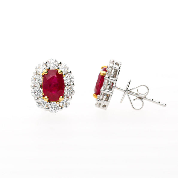GIA Certified Burma Ruby Diamond Halo 18K Two Tone Gold Necklace & Earring Set