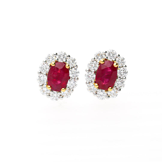 GIA Certified Burma Ruby Diamond Halo 18K Two Tone Gold Necklace & Earring Set