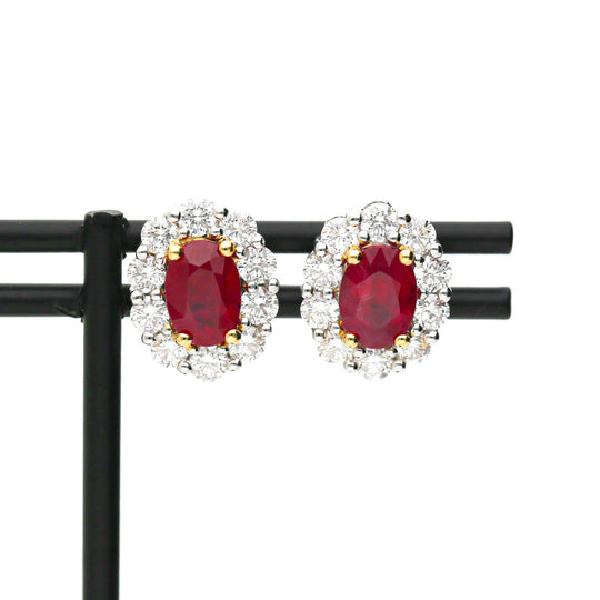 GIA Certified Burma Ruby Diamond Halo 18K Two Tone Gold Necklace & Earring Set