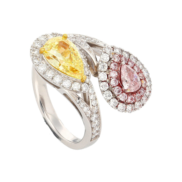 GIA certifiée Bague Toi et Moi en diamant jaune intense fantaisie et rose clair fantaisie, or blanc 18K