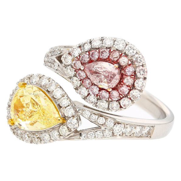Diamant Toi et Moi jaune intense et rose pâle fantaisie certifié GIA, Bague en or blanc 18K