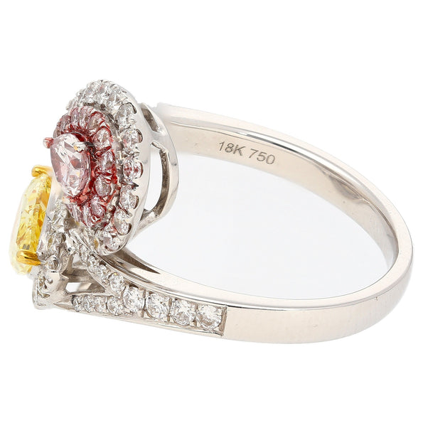 Bague Toi et Moi en or blanc 18K avec diamants jaune intense fantaisie et rose pâle fantaisie certifiés GIA