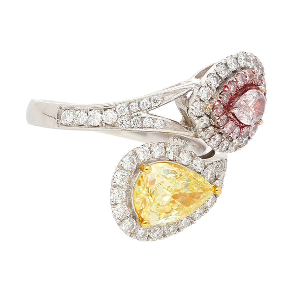 Bague Toi et Moi en or blanc 18K avec diamants jaune intense fantaisie et rose pâle fantaisie certifiés GIA