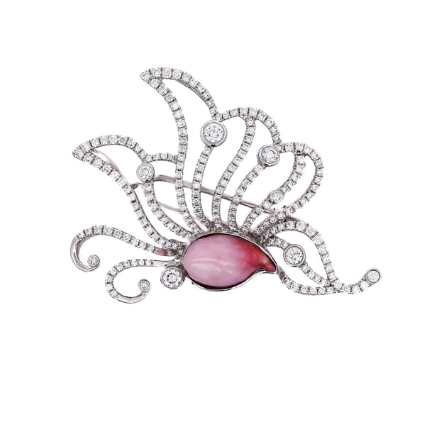 GIA Certified Pink Natural Saltwater Conch Pearl & Diamond Platinum Brooch