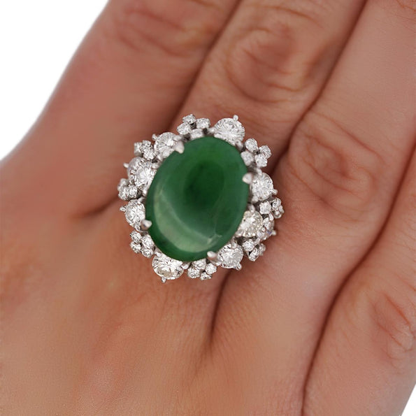 GIA Certified Type A Jadeite Jade & Old Cut Diamond 18K Gold Halo Starburst Ring