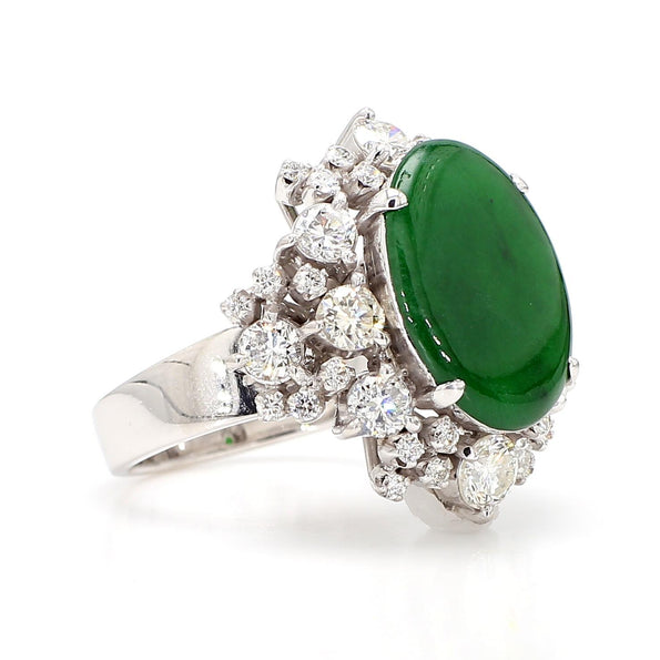 GIA Certified Type A Jadeite Jade & Old Cut Diamond 18K Gold Halo Starburst Ring