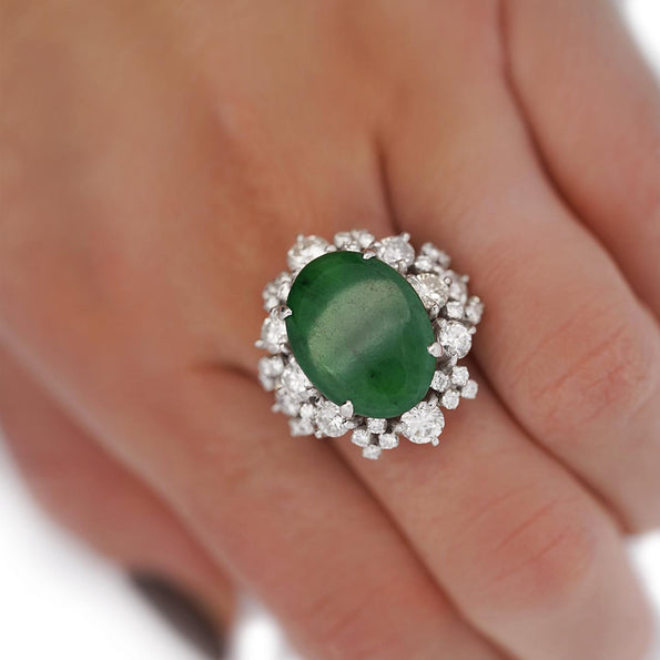 GIA Certified Type A Jadeite Jade & Old Cut Diamond 18K Gold Halo Starburst Ring