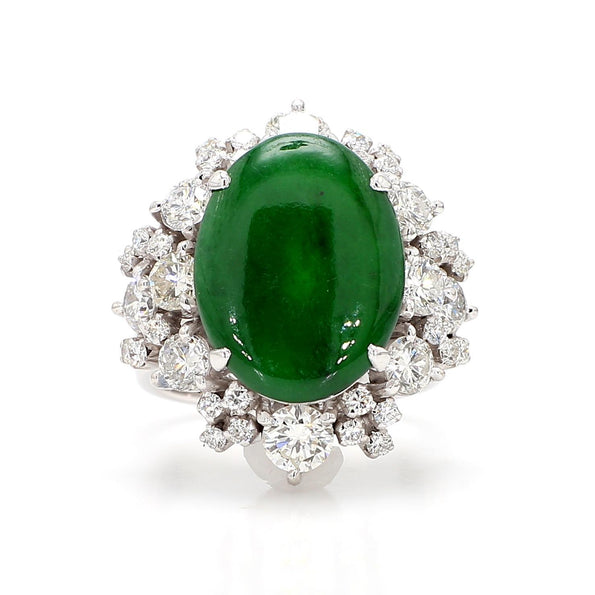 GIA Certified Type A Jadeite Jade & Old Cut Diamond 18K Gold Halo Starburst Ring