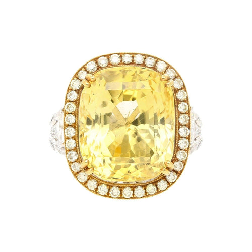 GIA Certified Vintage No Heat 17 Carat Cushion Yellow Sapphire & Diamond Halo Floral Filigree Cocktail Ring