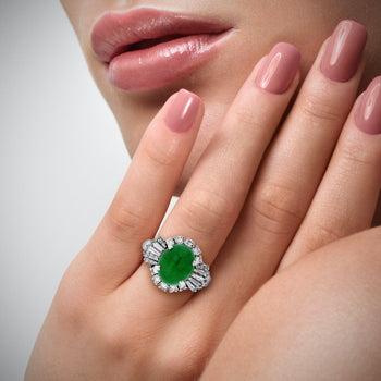GIA認定の3.50カラット カボションカット翡翠、バゲットカットDiamonds付き、プラチナ900 Ringセッティング – Assay Jewelers