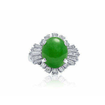GIA認定の3.50カラット カボションカット翡翠、バゲットカットDiamonds付き、プラチナ900 Ringセッティング – Assay Jewelers
