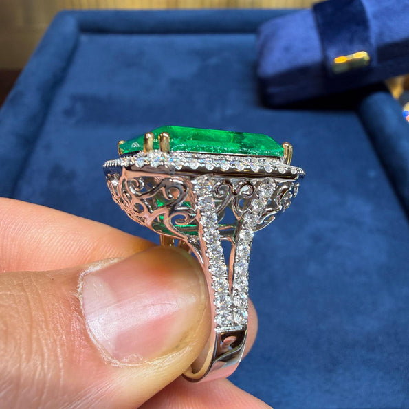 GRS Cert. 17.73 Carat Minor Oil Colombian Emerald Ring