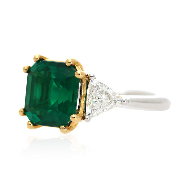 GRS Cert. 4.37 Carat Vivid Green Muzo Colombian Emerald Diamond 3 Stone Ring