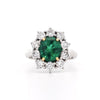 GRS Certified 2.69 Carat Vivid Green Oval Emerald Diamond Cluster Platinum Ring