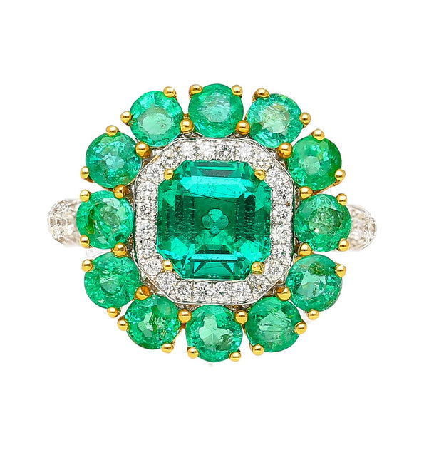 GRS Certified 4.93 Carat Emerald & Diamond 18K Gold Floral Cluster Cocktail Ring