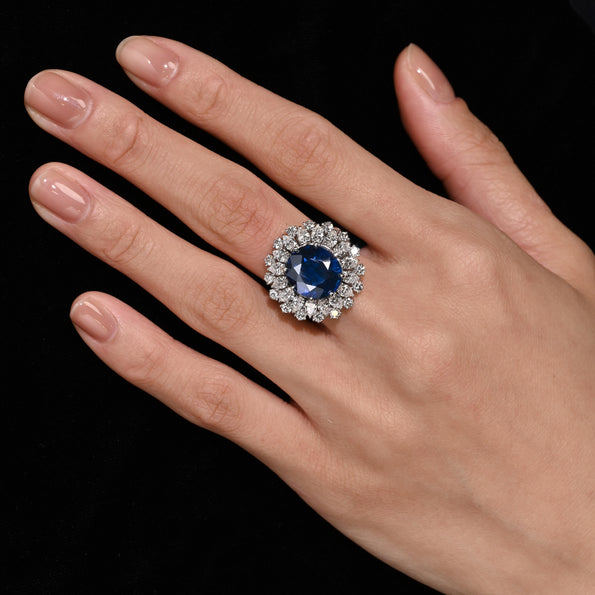 GRS Certified 7.15 Carat Vivid Blue Sapphire & Diamond 18K Ring
