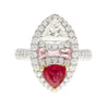 GRS Certified Trilliant Cut Burma Ruby and Diamond Long Oval Shaped Toi Et Moi Ring in 18K White Gold