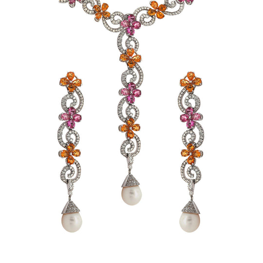 Greek 12 Carat Diamond South Sea Pearl Tourmaline Citrine Earring Necklace Set