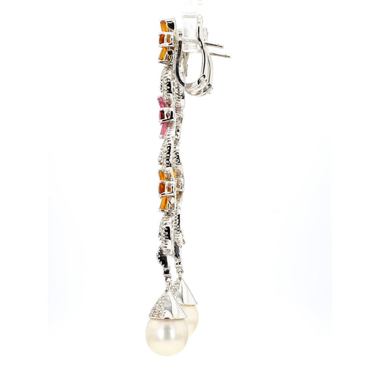 Greek 18K White Gold Diamond Pink Tourmaline Yellow Garnet Pearl Drop Earrings