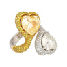 Heart Cut 5.79 & 5.73 Carat Fancy Yellow & White Diamond Toi Et Moi 18K Gold Ring