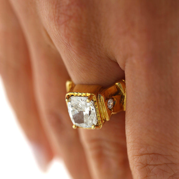 IGI 4.22 Carat Lab Cushion Diamond Misani 18K Gold Bark Texture Ring