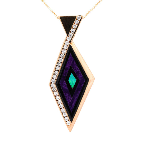 Intarsia Opal Malachite & Black Onyx with Diamond 14K Gold Pendant Necklace