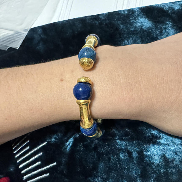 Lapis Lazuli 21K Gold Hammered Finish Bead Bangle Bracelet