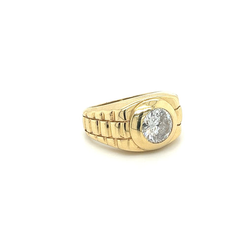 Men's Natural 1.70 Carat Round Cut Diamond In 14K Gold Bezel Set Ring