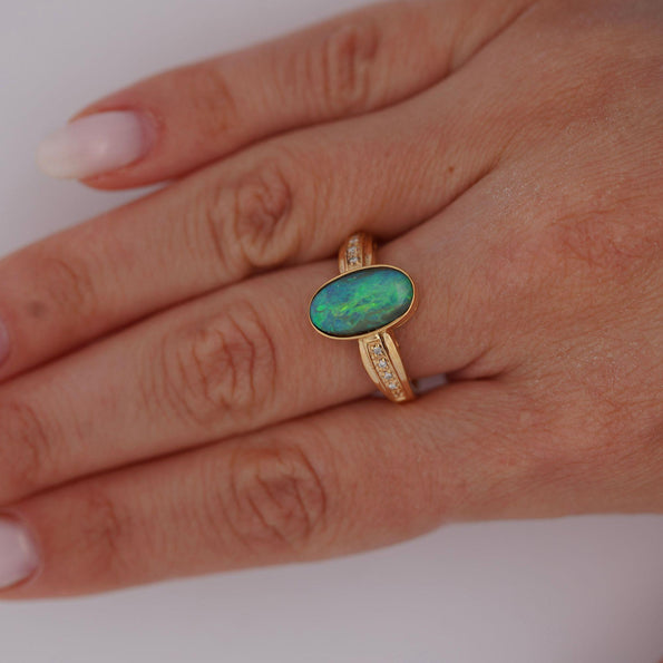 Natural 0.12 Carat Diamond with Black Opal Doublet in 18K & 14K Yellow Gold Ring