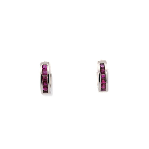 Natural 0.44 CTTW Square Cut Ruby Huggie Hoop Earrings in 14K White Gold