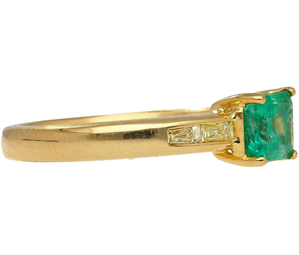 Natural 1 Carat Emerald & Baguette Diamond 18K Gold East West Ring