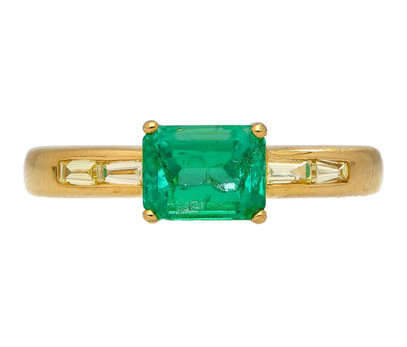 Natural 1 Carat Emerald & Baguette Diamond 18K Gold East West Ring