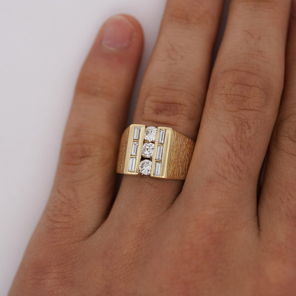 Natural 1 Carat Round & Baguette Cut Diamond in 18K Yellow Gold Matte Mens Ring