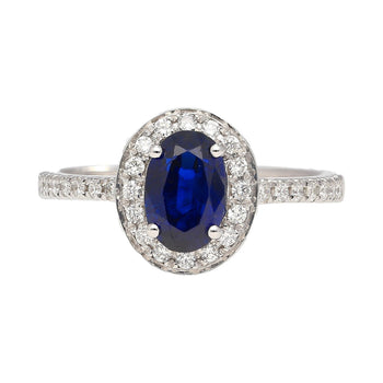 Natural 1.45 Carat Oval Cut Blue Sapphire and Diamond Halo 18k White Gold Ring – Assay Jewelers